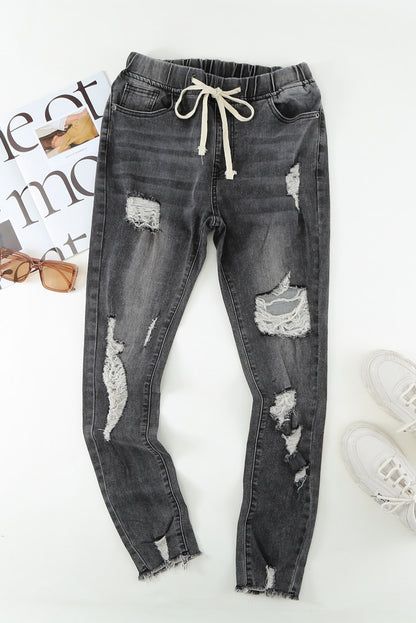 Gray Drawstring Elastic Waist Hole Ripped Jeans - LA Grand