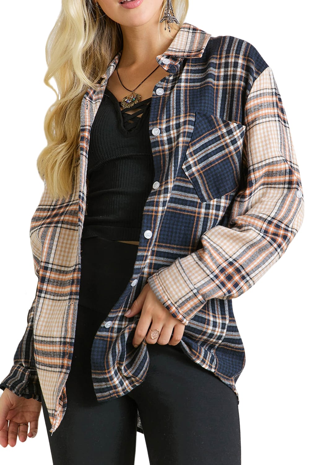 Blue Colorblock Patchwork Plaid Print Shirt - LA Grand