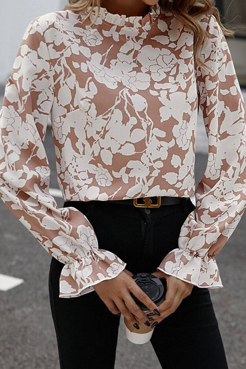 White Floral Print Frilled Neckline Flounce Sleeve Blouse - LA Grand