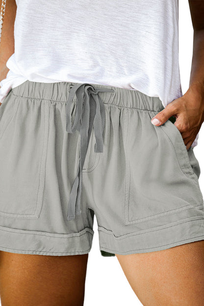 Green Gray Black/Fiery Red/Blue/Green/Gray/Apricot Elastic Waist Drawstring Pocket Shorts - LA Grand