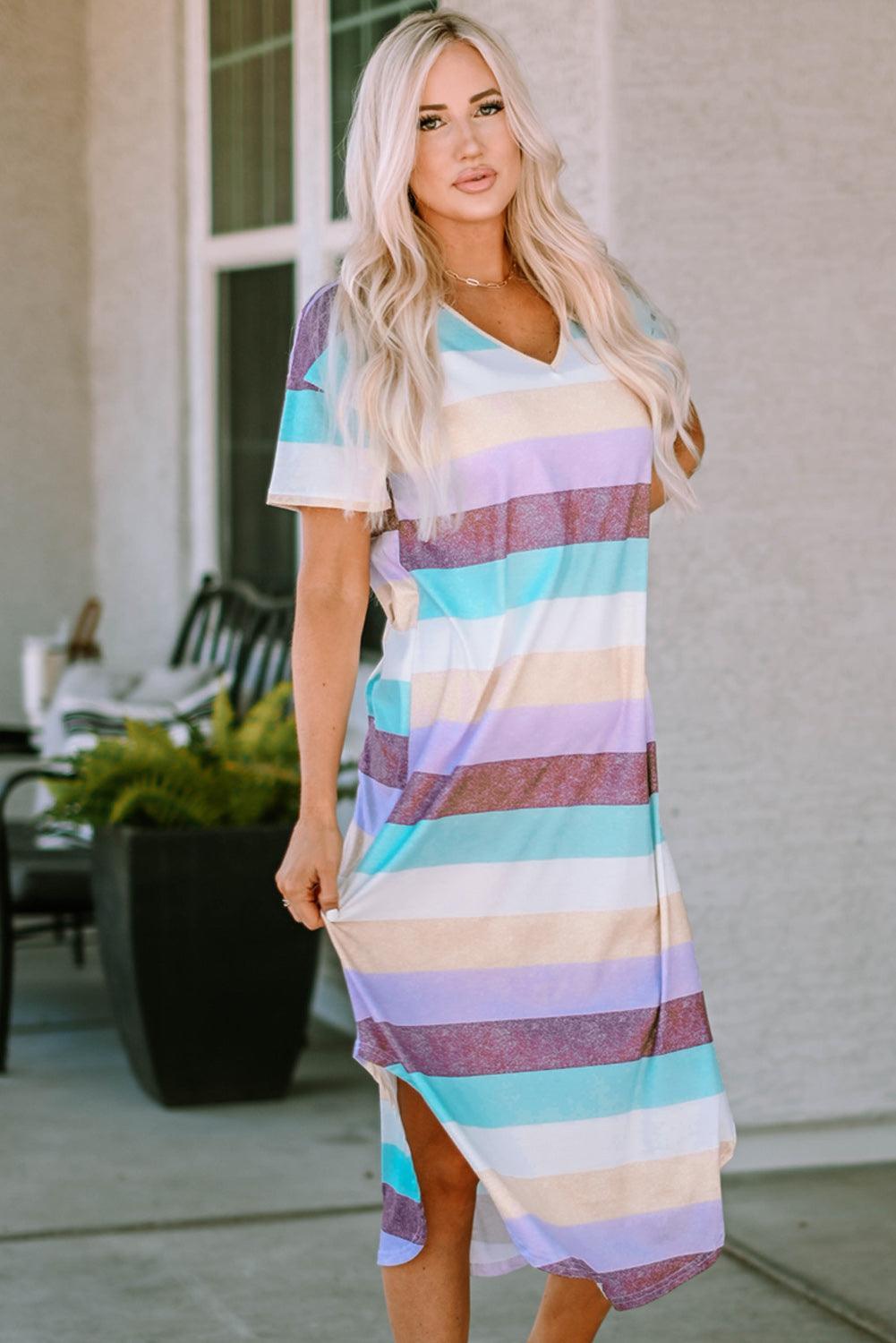 Striped Color Block V Neck T Shirt Midi Dress - LA Grand