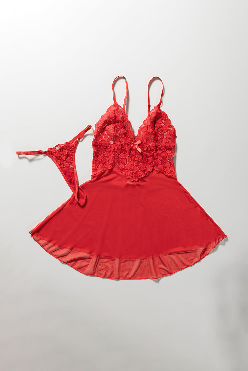 Fiery Red Sweet Heart Embroidered Mesh Splicing Babydoll Set - LA Grand