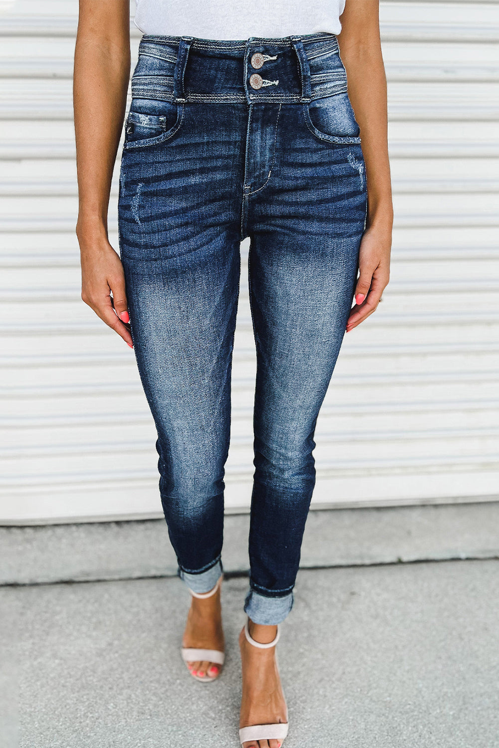 Blue Vintage Washed Two-button High Waist Skinny Jeans - LA Grand