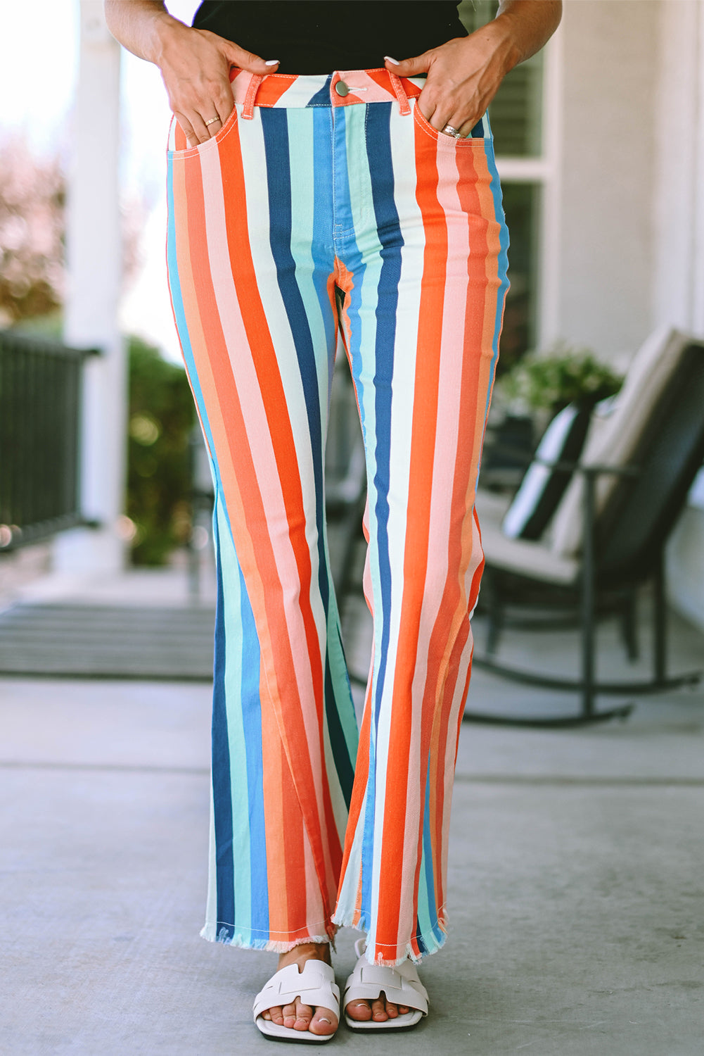 2024 Multicolor Striped Raw Hem Flared Bottom Denim Pants - LA Grand