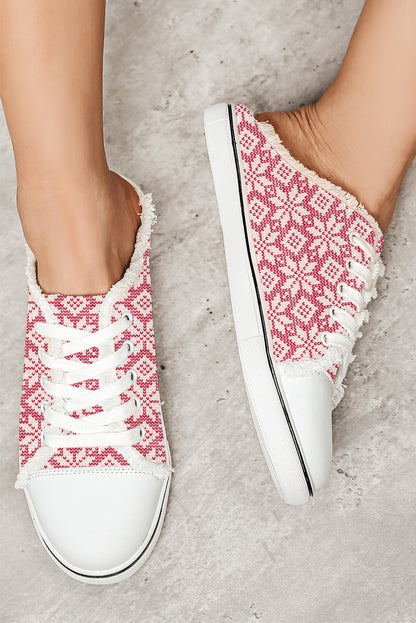 Strawberry Pink Snowflake Printed Frayed Lace-up Slip-on Shoes - LA Grand