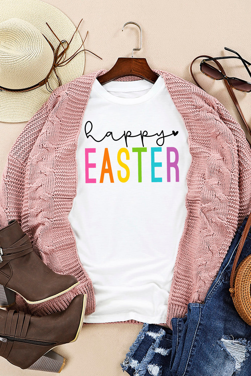 White Happy EASTER Round Neck Graphic Tee - LA Grand