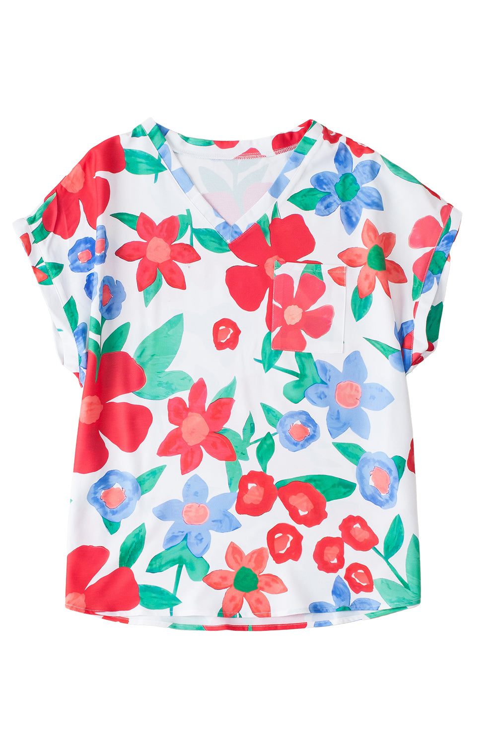 Flower Print Chest Pocket V Neck Blouse - LA Grand