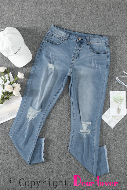 Sky Blue Ripped Slim Fit Washed Jeans - LA Grand