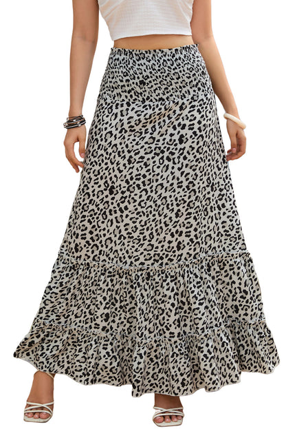 Leopard Embellished High Waist Frill Tiered Maxi Skirt - LA Grand