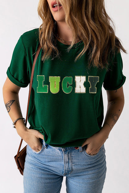 Green LUCKY Glitter Chenille Patched Crew Neck T Shirt - LA Grand