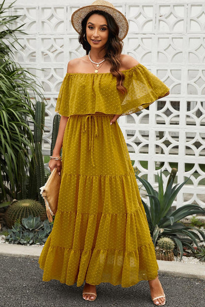 Sky Blue Yellow Yellow Off Shoulder Ruffle Swiss Dot Maxi Dress - LA Grand