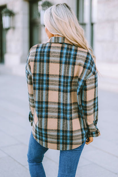 Brown Plaid Color Block Buttoned Shirt with Pockets - LA Grand