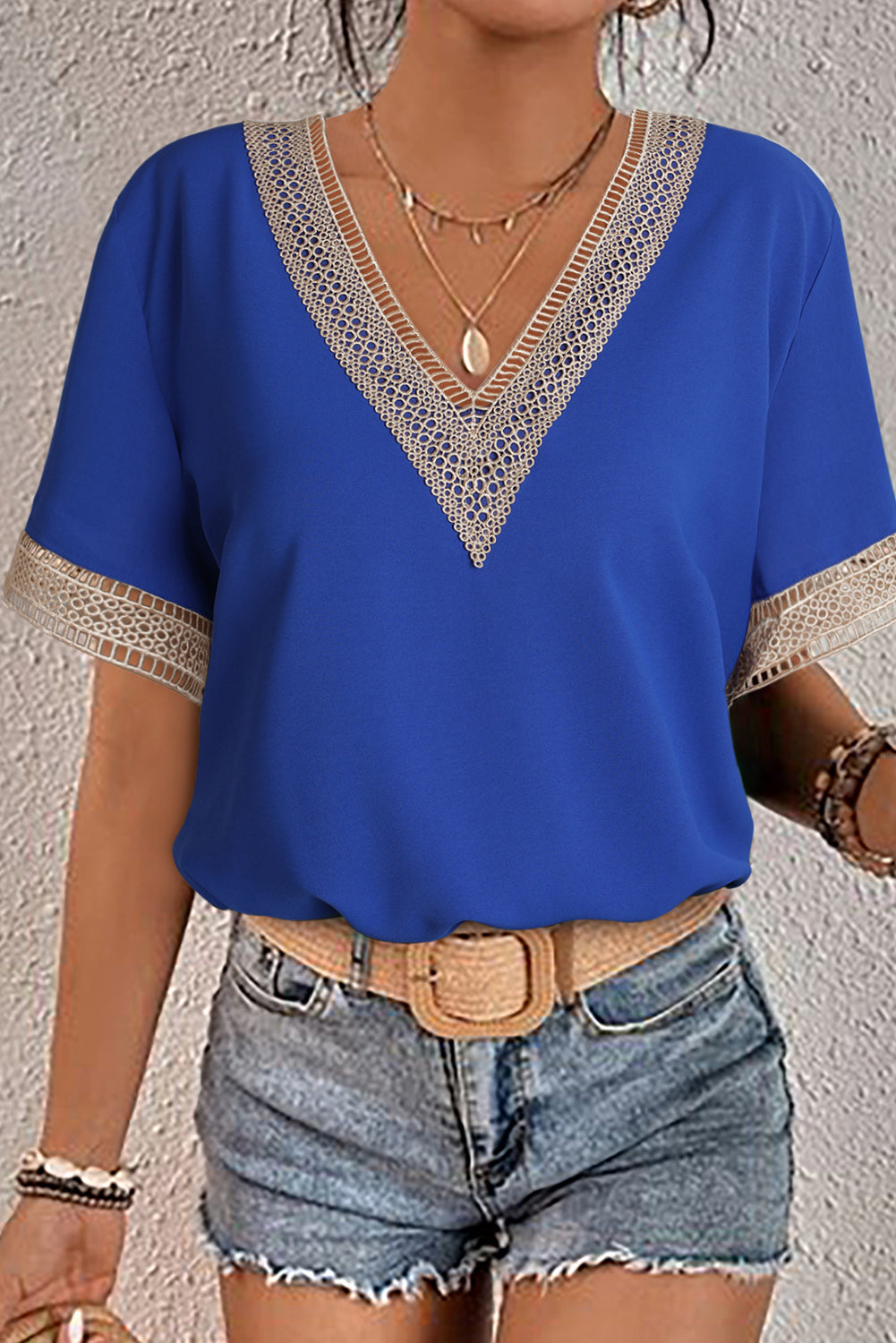 Blue Lace Trim V Neck Short Sleeve Blouse - LA Grand