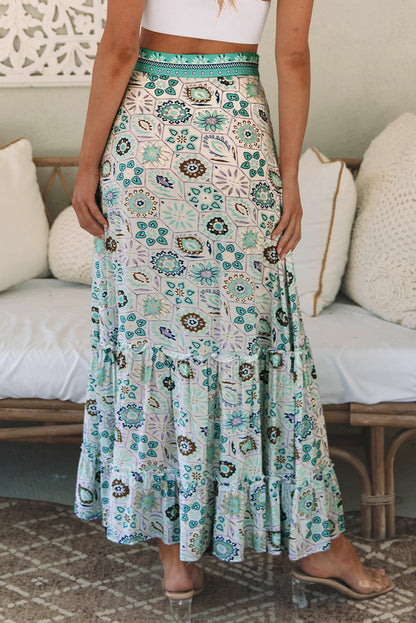 Sky Blue Boho Floral Print Maxi Skirt - LA Grand