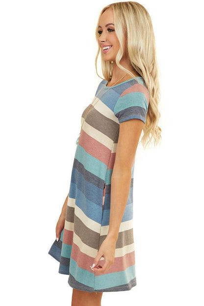 Multicolor Striped Pocket T Shirt Dress - LA Grand