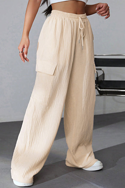 Apricot Loose Drawstring High Waist Crinkled Cargo Pants - LA Grand