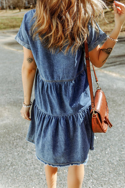 Frayed Pocket Button-Front Denim Mini Dress - LA Grand