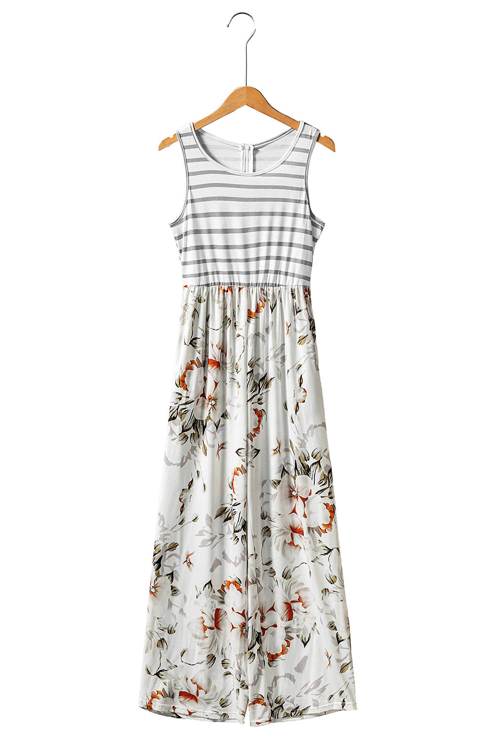 White Striped Floral Pocket Sleeveless Jumpsuit - LA Grand