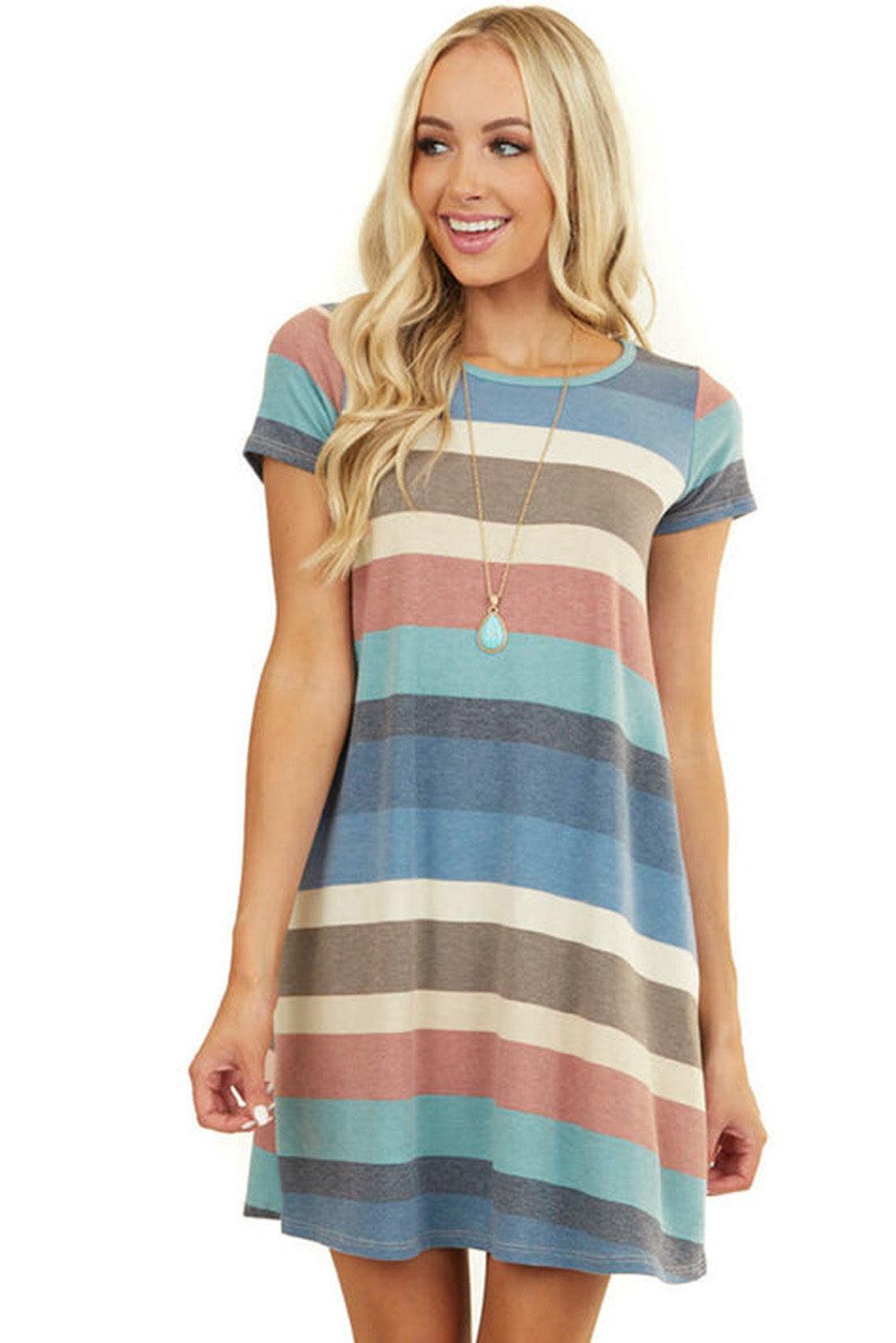 Multicolor Striped Pocket T Shirt Dress - LA Grand