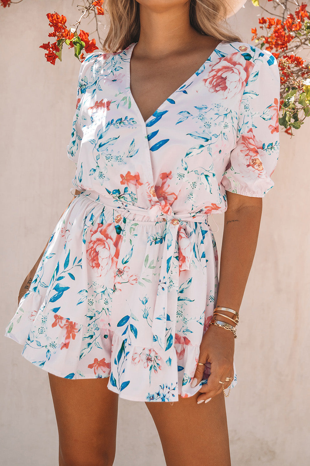 Floral Print Puff Sleeves Romper - LA Grand