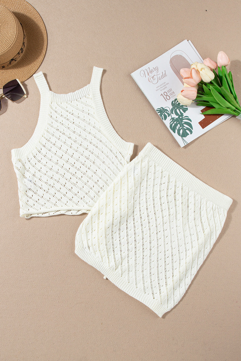 White Hollowed Crochet Cropped 2 Piece Beach Dress - LA Grand