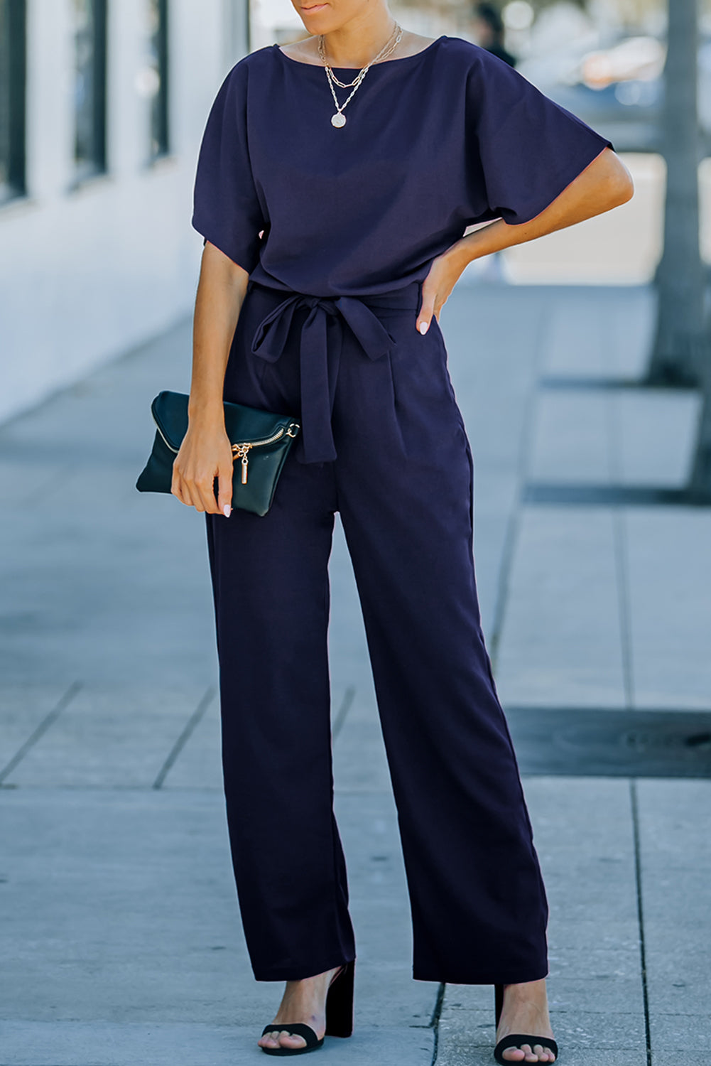 Indigo Glamour: Belted Wide Leg Jumpsuit - LA Grand