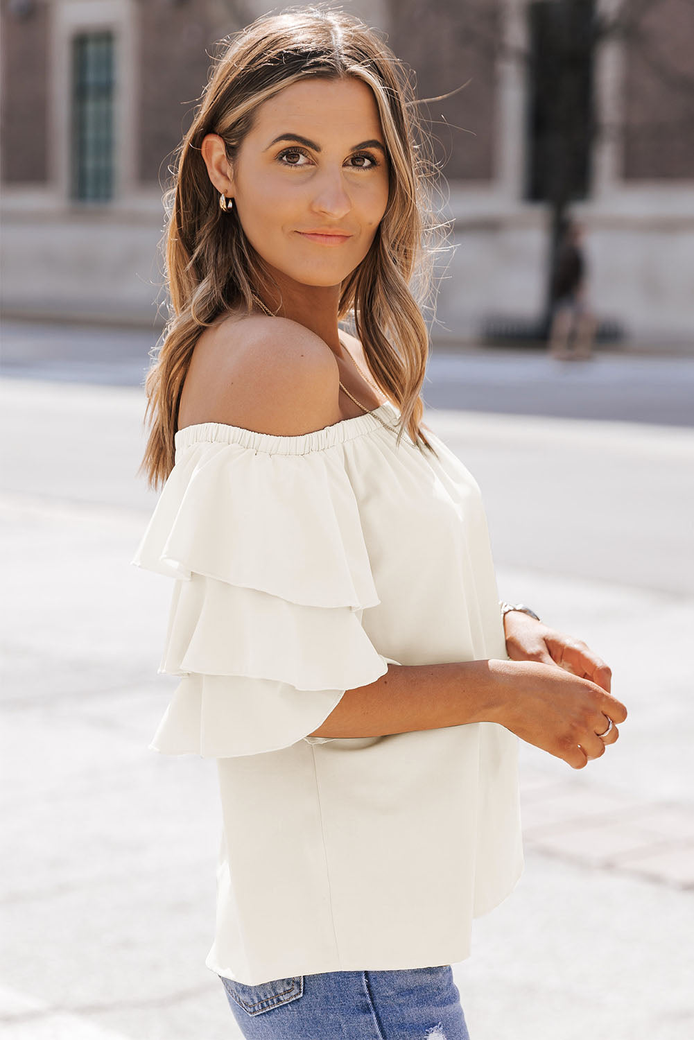 Apricot Tiered Ruffled Half Sleeve Off Shoulder Blouse - LA Grand