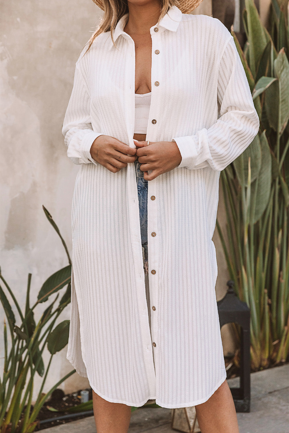 White Striped Crinkle Button Front Cover Up Shirt Dress - LA Grand