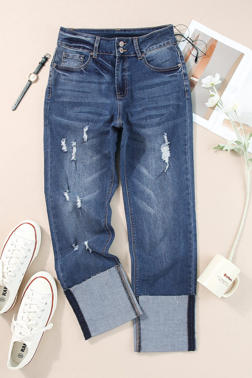 Blue High Waist Distressed Straight Leg Jeans - LA Grand