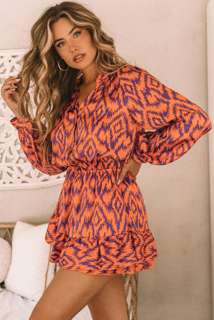 Orange Aztec Bubble Sleeve High Waist Romper - LA Grand