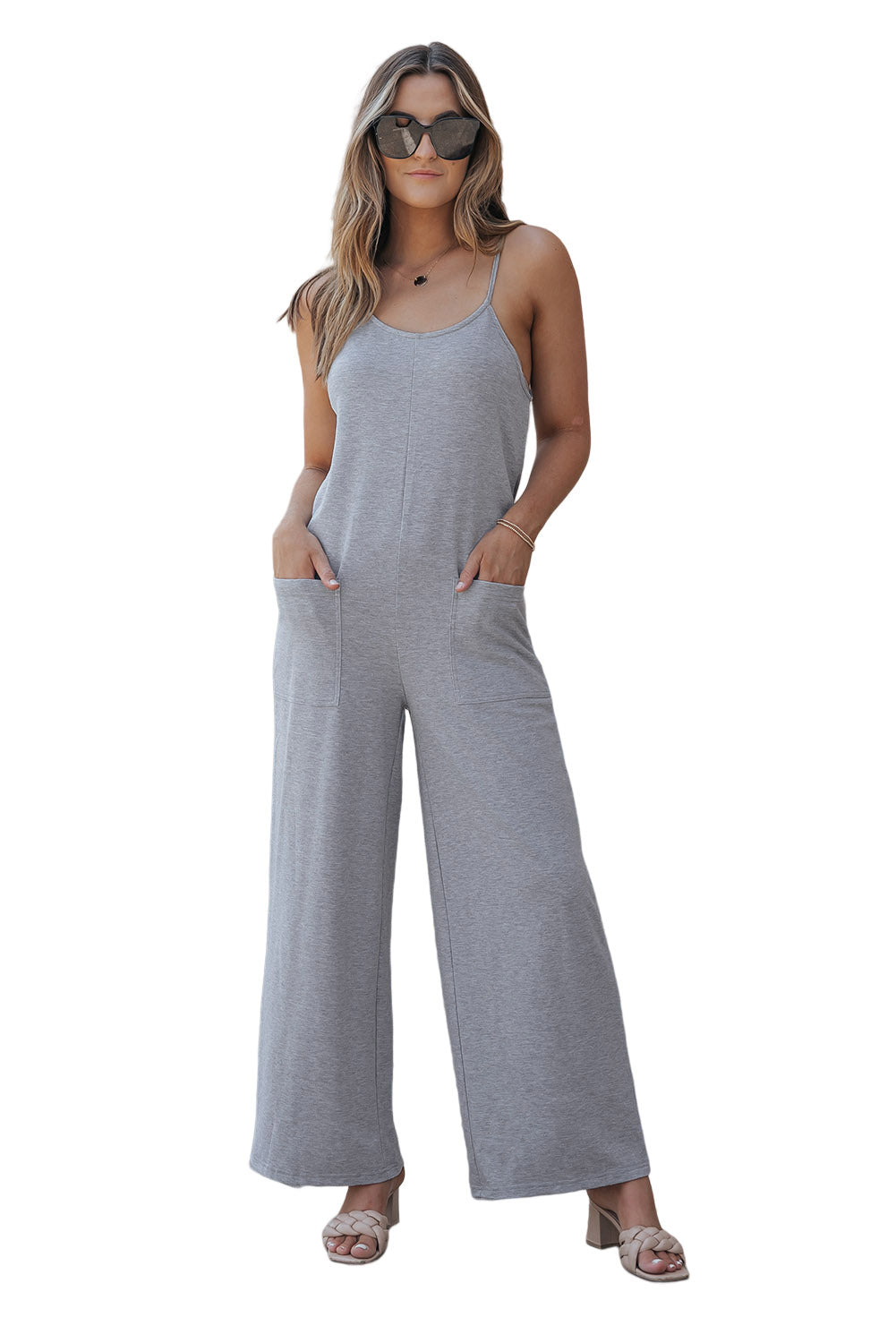 Gray Patch Pockets Spaghetti Strap Wide Leg Jumpsuit - LA Grand