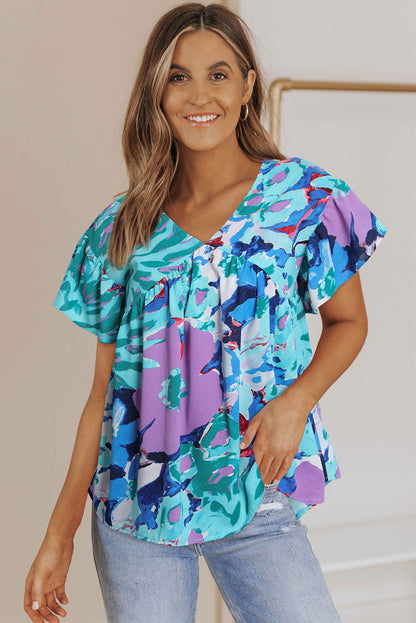 Sky Blue Abstract Print V Neck Flutter Sleeve Blouse - LA Grand