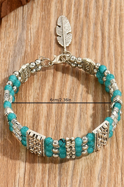 Green Boho Turquoise Beaded Geometric Carved Feather Bracelet - LA Grand