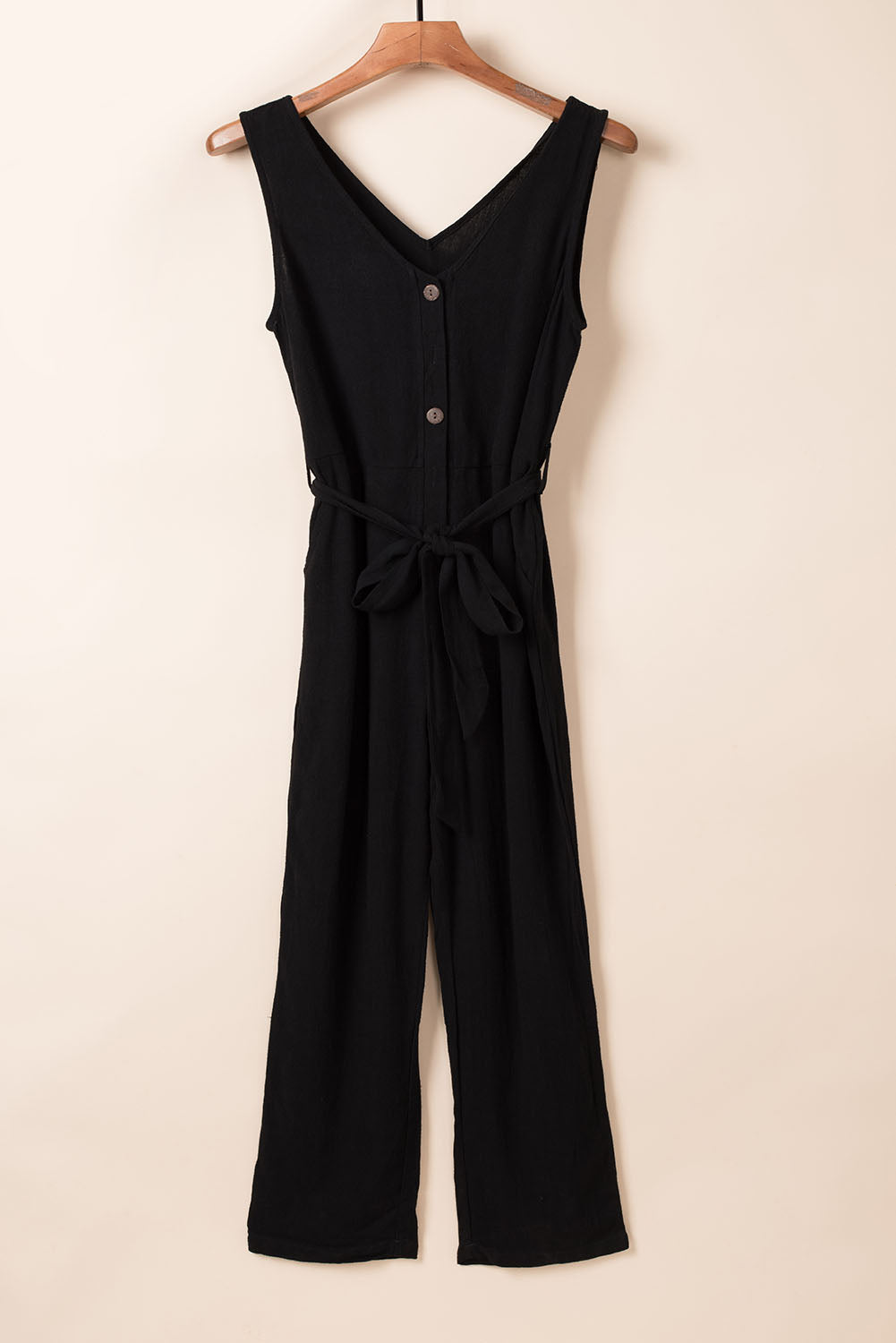 Black V Neck Button Belted Jumpsuit with Pockets - LA Grand