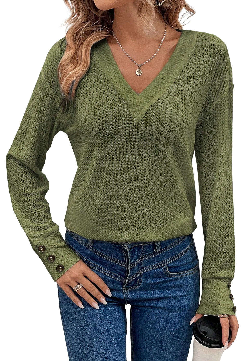 Jungle Green Textured Knit V Neck Button Cuffs Long Sleeve Top - LA Grand