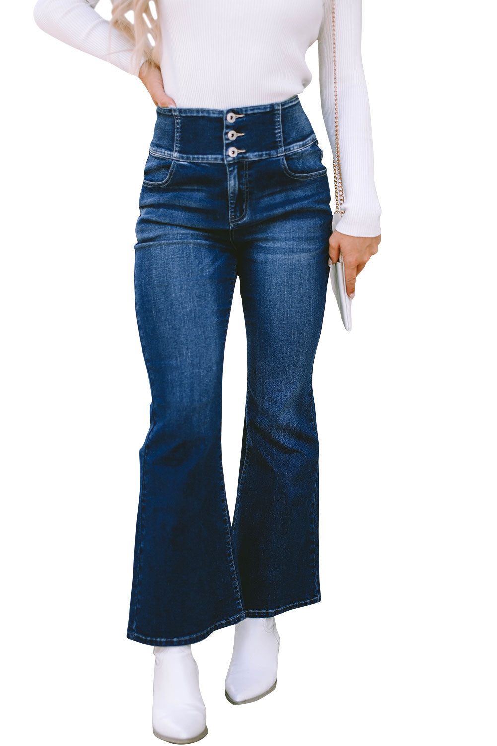 Blue Buttons Elastic Wide Waistband Back Flare Jeans - LA Grand