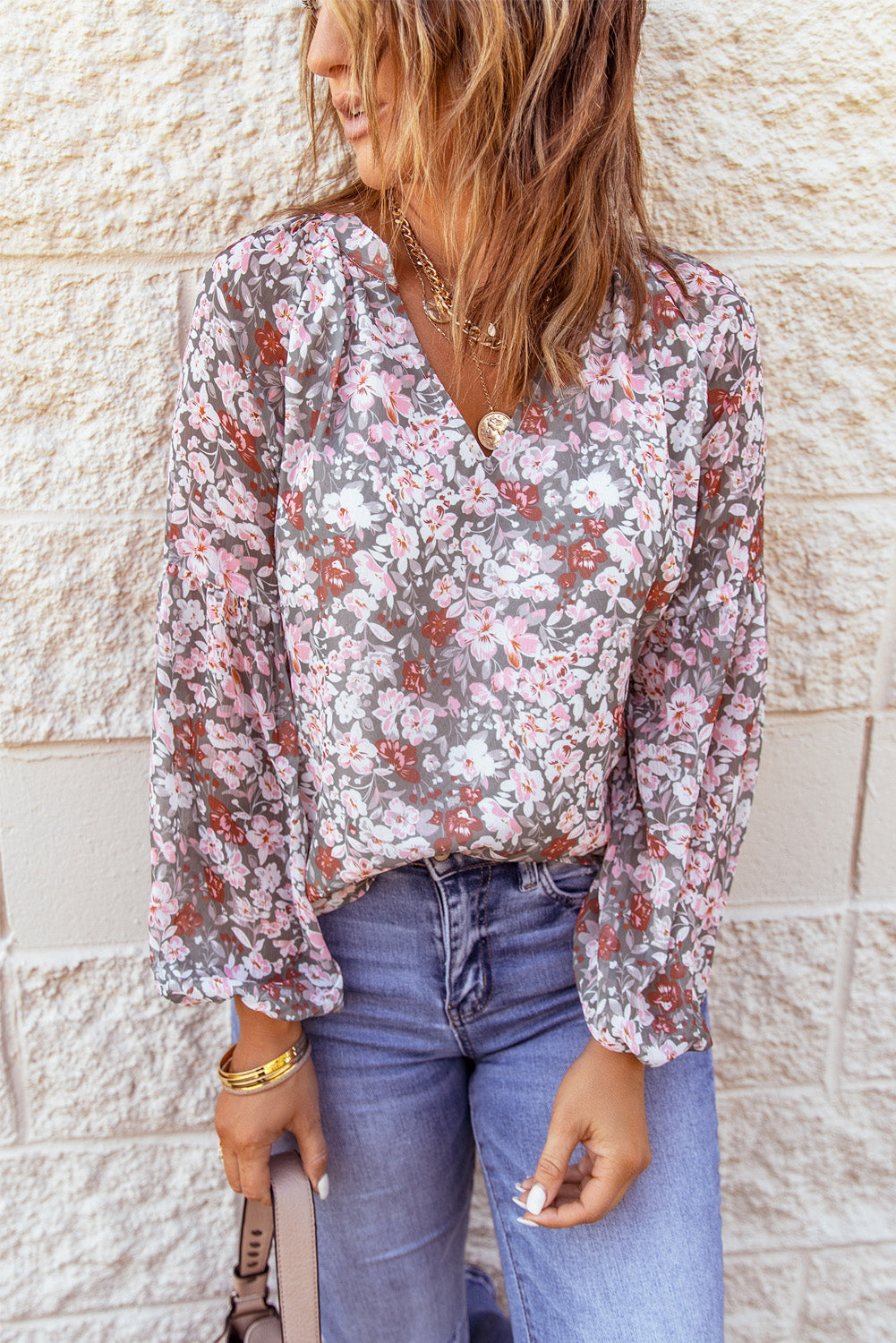 White Floral Print V Neck Long Puff Sleeve Top - LA Grand