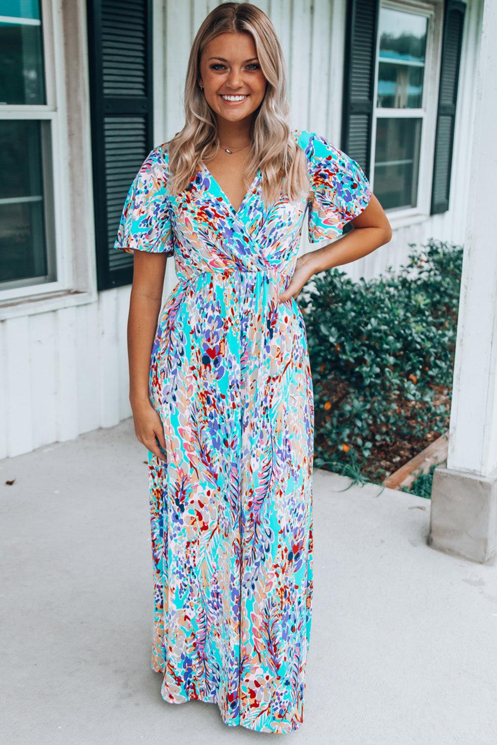 Green Wrap V Neck Floral Maxi Dress - LA Grand