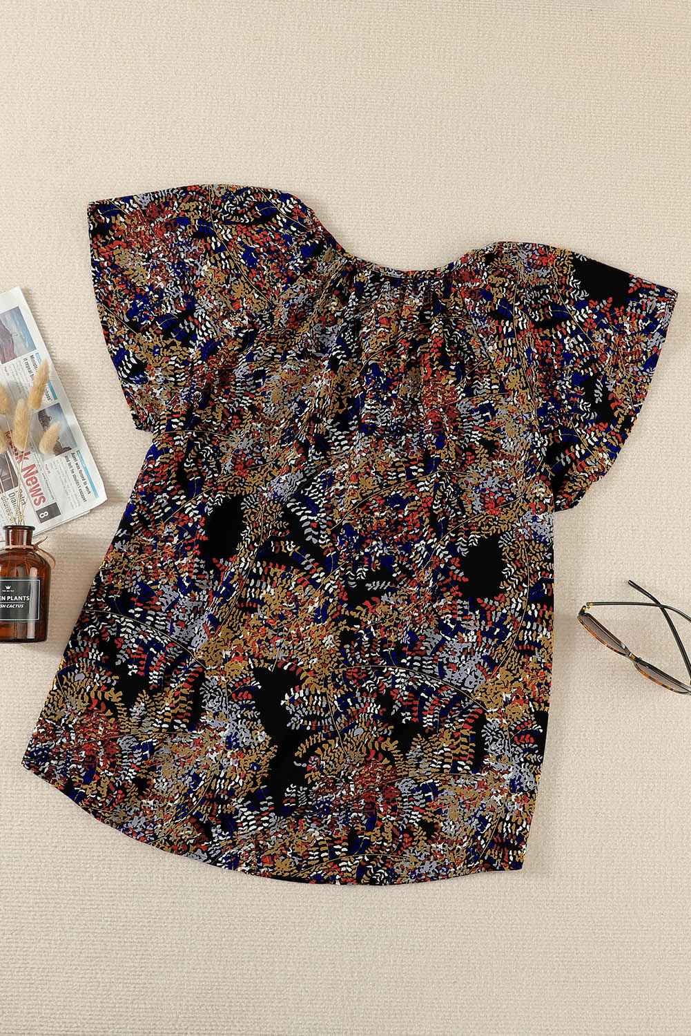 Multicolor V-neck Short Sleeve Fashion Print Fantasy Fluttering Blouse - LA Grand