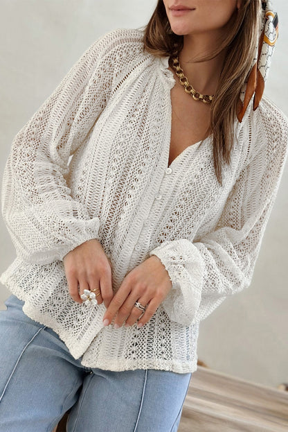 White V-Neck Long Sleeve Button Up Lace Shirt - LA Grand