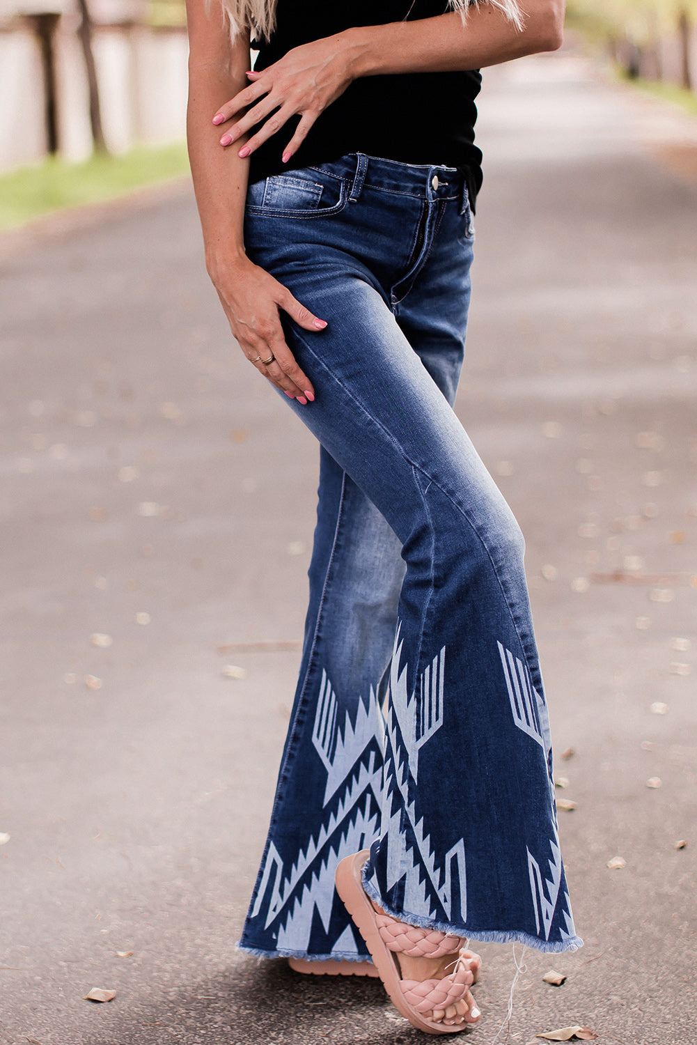 Blue Western Pattern High Rise Flare Jeans - LA Grand