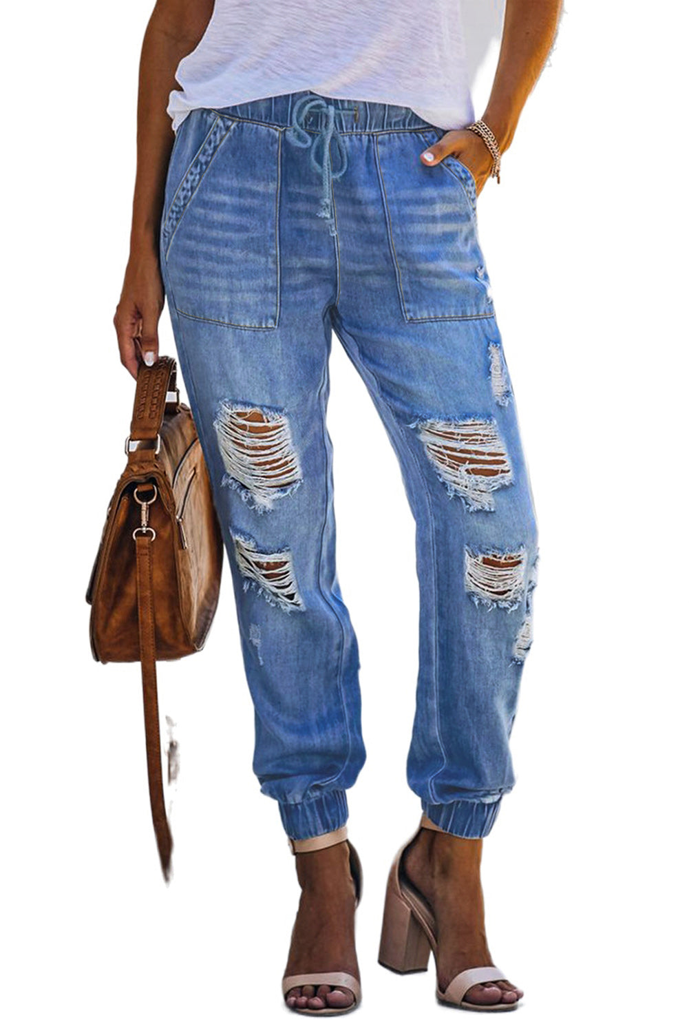 Blue Pocketed Distressed Denim Joggers - LA Grand