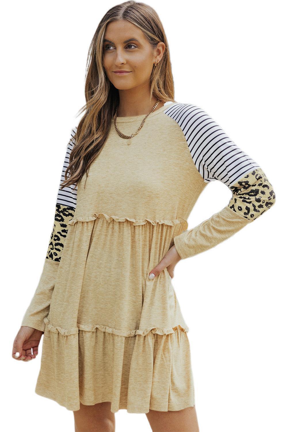 Wild Elegance: Khaki Striped Leopard Patchwork Mini Dress with Long Sleeves - LA Grand