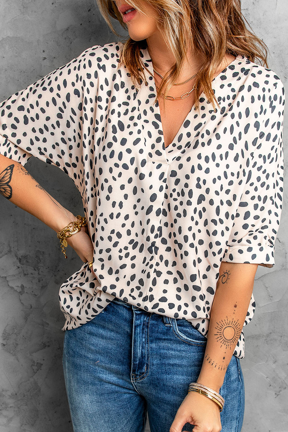 Apricot Animal Print V-neck Rolled Sleeve Tunic Top - LA Grand