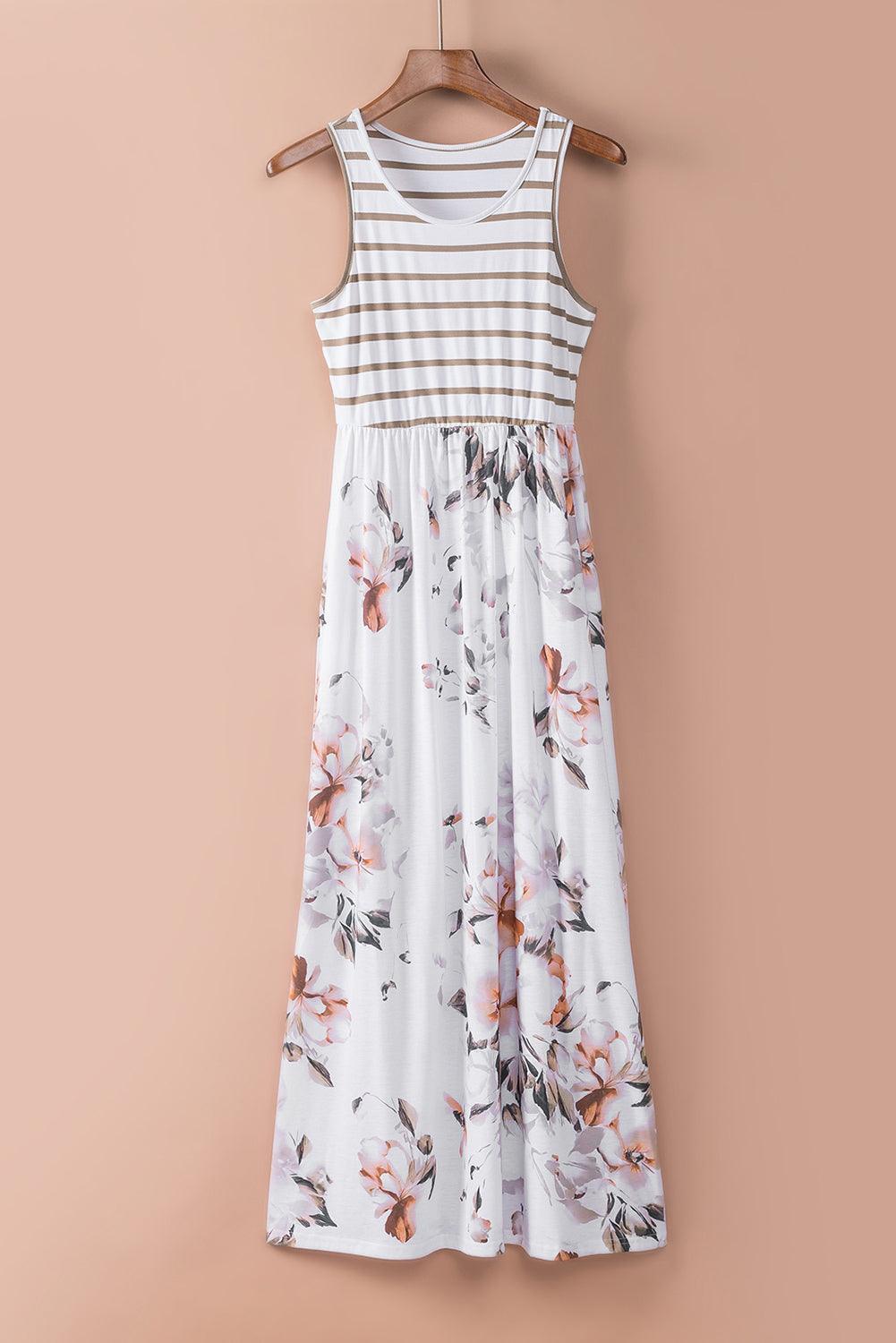 White Striped Floral Print Sleeveless Maxi Dress with Pocket - LA Grand