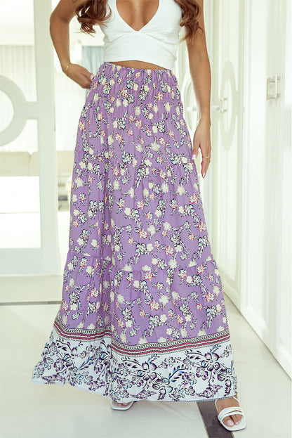 Purple Floral Print Shirred High Waist Maxi Skirt - LA Grand