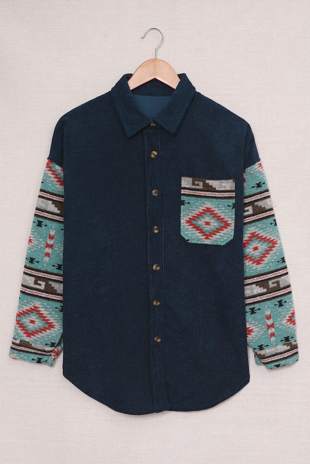 Aztec Pattern Sleeve Pocketed Corduroy Shacket - LA Grand