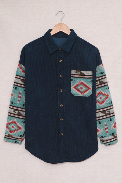 Aztec Pattern Sleeve Pocketed Corduroy Shacket - LA Grand