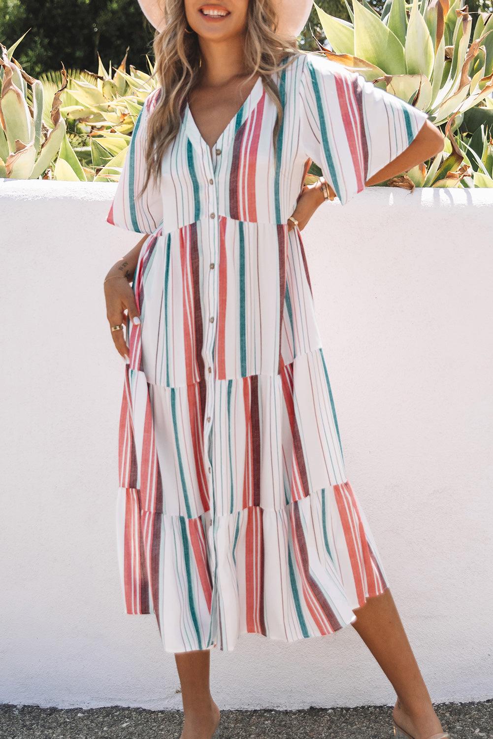 Chic Striped V-Neck Dress - LA Grand