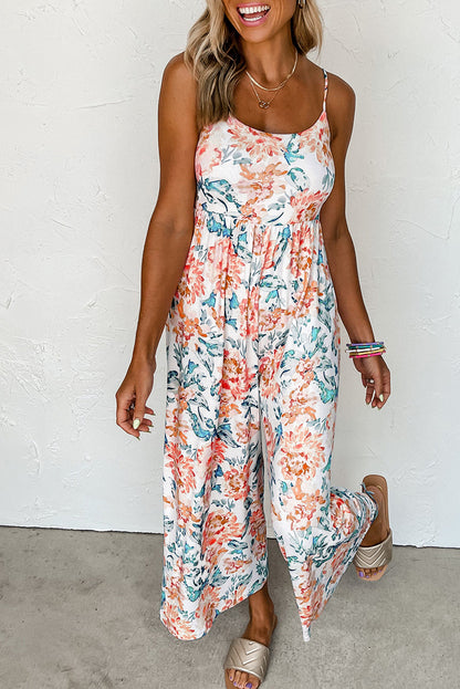 White Floral Spaghetti Straps Wide Leg Jumpsuit - LA Grand